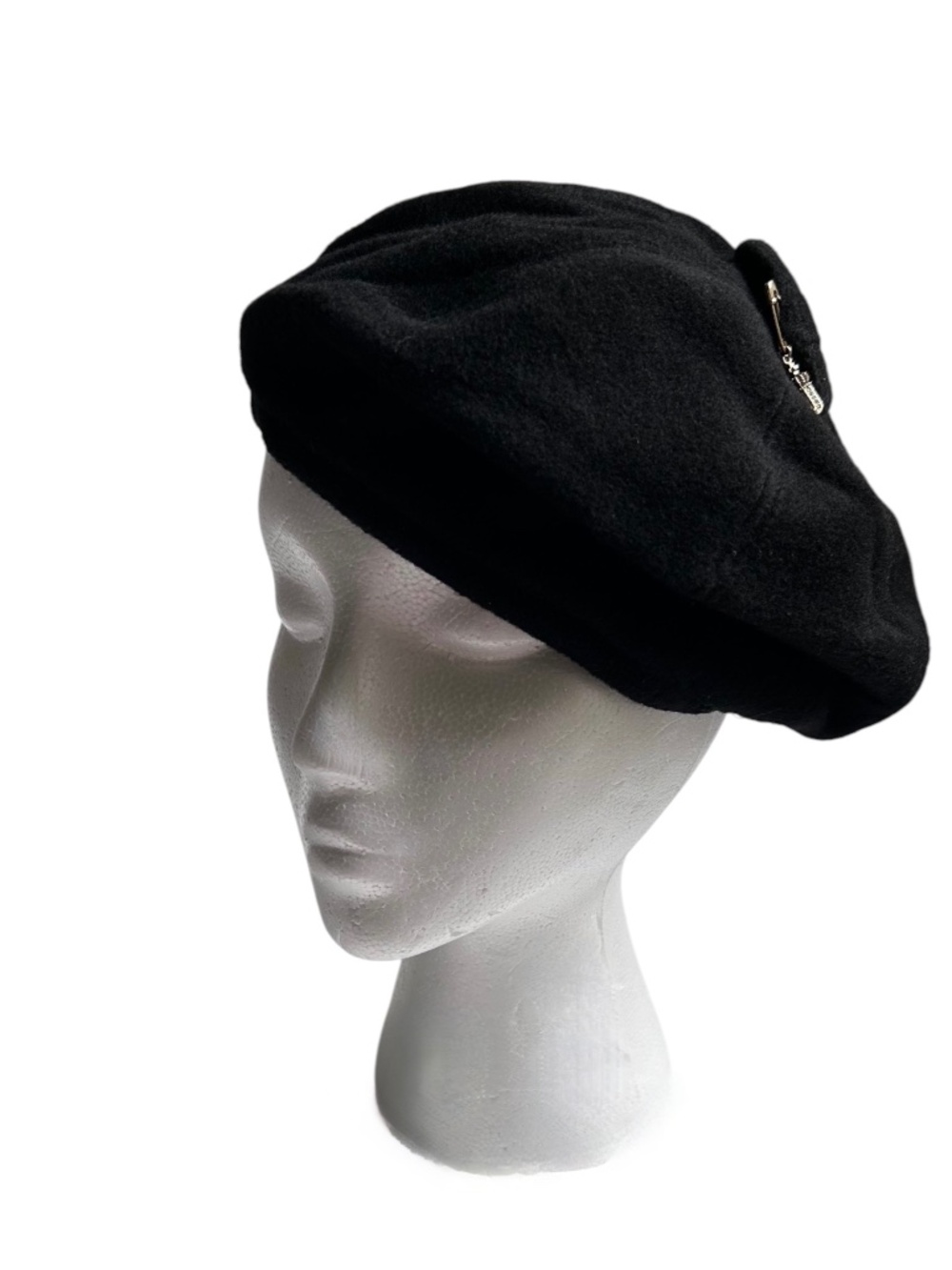 Juicy Couture Black Wool Beret with Rhinestone J Pin